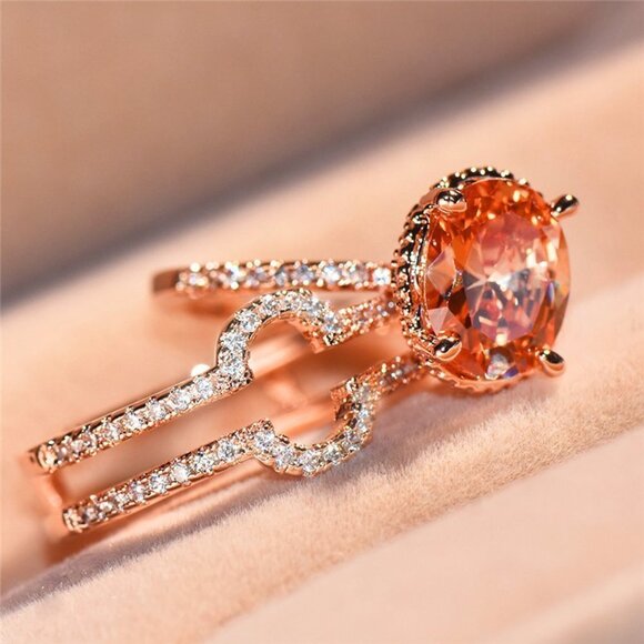3 pcs/set Rose Gold Oval Bridal Wedding/Engagement Ring Set, VIP241 - Picture 4 of 10